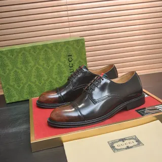 Gucci Brown Beige Cap-Toe Polished Leather Oxford Shoes