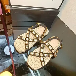 Gucci Brown Beige Embellished Woven Jute Sole Gladiator Sandals