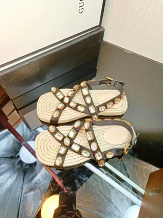 Gucci Brown Beige Embellished Woven Jute Sole Gladiator Sandals 3