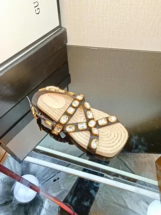 Gucci Brown Beige Embellished Woven Jute Sole Gladiator Sandals 5