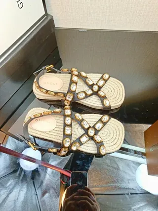 Gucci Brown Beige Embellished Woven Jute Sole Gladiator Sandals 6