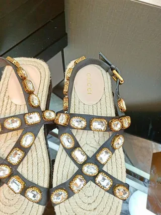 Gucci Brown Beige Embellished Woven Jute Sole Gladiator Sandals 8