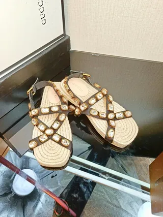 Gucci Brown Beige Embellished Woven Jute Sole Gladiator Sandals 9