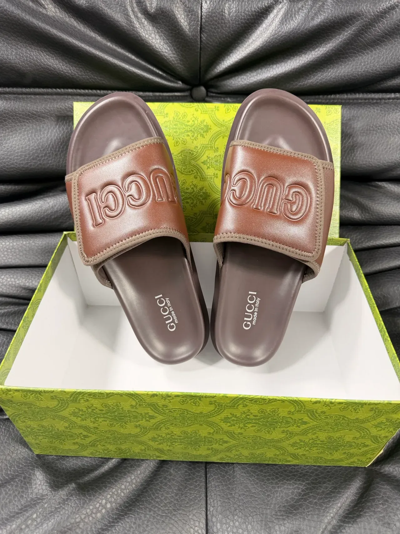 Gucci Brown Green Embossed Logo Strap Molded Rubber Sole Slippers 3