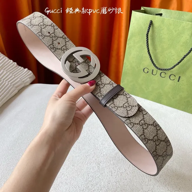 Gucci Classique Beige Argent Boucle Interlocking G GG Monogram Toile Cuir Ceinture 2