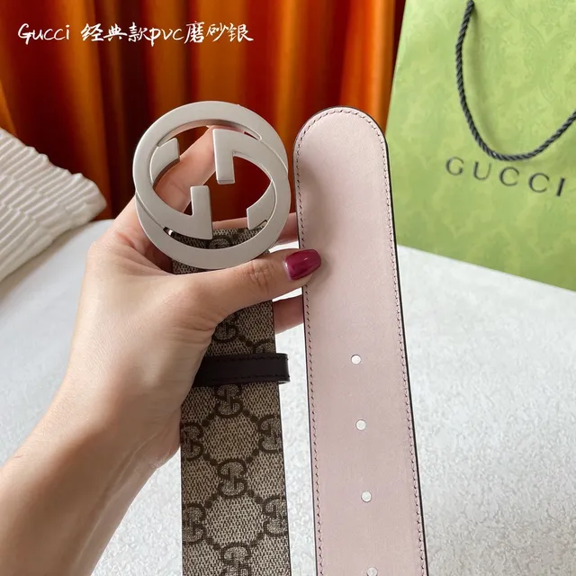 Gucci Classique Beige Argent Boucle Interlocking G GG Monogram Toile Cuir Ceinture 3
