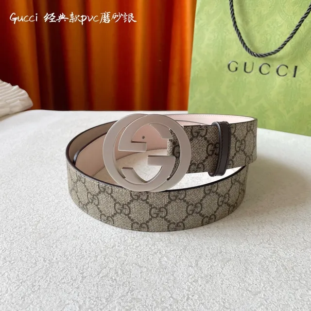 Gucci Classique Beige Argent Boucle Interlocking G GG Monogram Toile Cuir Ceinture 4