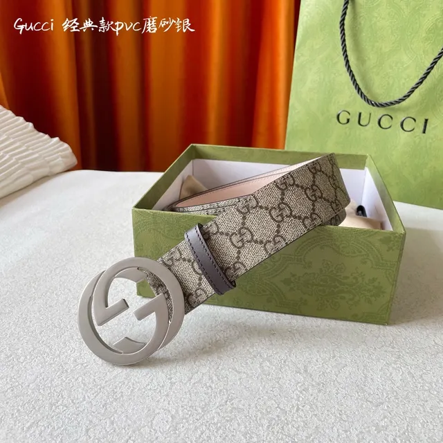 Gucci Classique Beige Argent Boucle Interlocking G GG Monogram Toile Cuir Ceinture 5