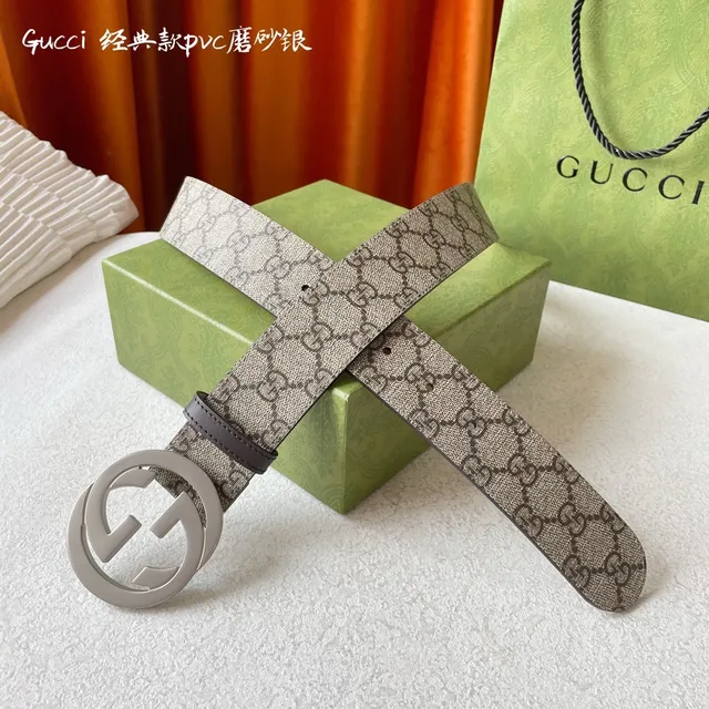 Gucci Classique Beige Argent Boucle Interlocking G GG Monogram Toile Cuir Ceinture 6