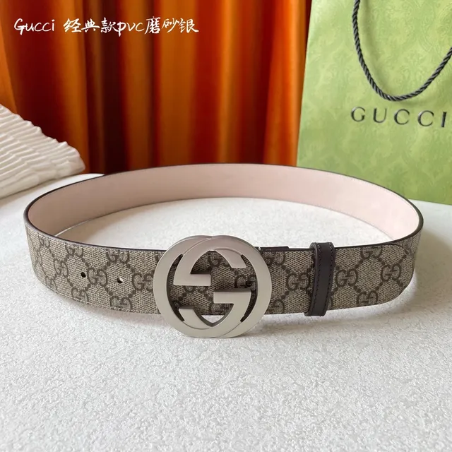 Gucci Classique Beige Argent Boucle Interlocking G GG Monogram Toile Cuir Ceinture 7