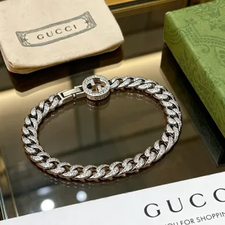 Gucci Cadena Curb Link de Cristal Plata Transparente Hebilla Interlocking G Pulsera