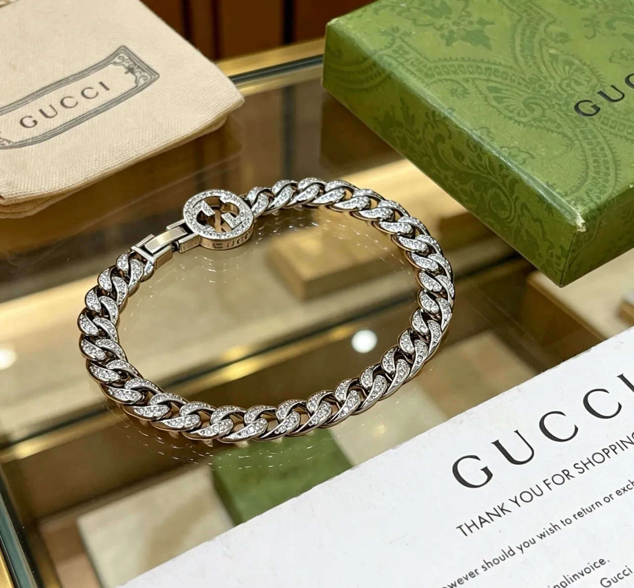 Gucci Crystal Curb Link Silver Transparent Interlocking G Clasp Bracelet 3