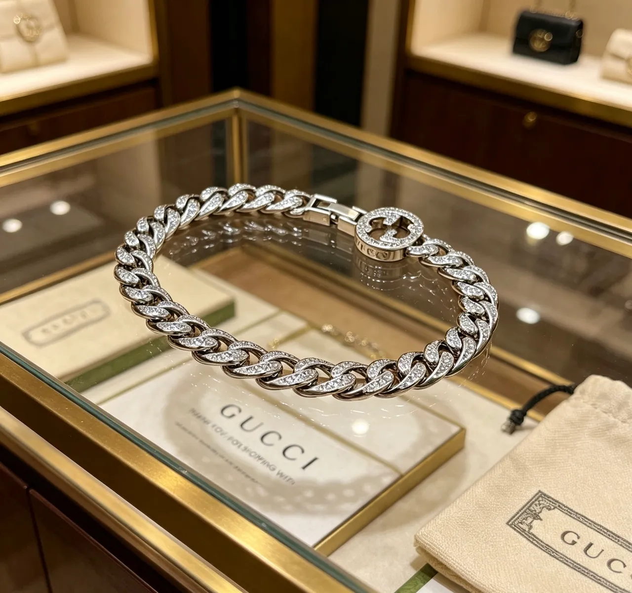 Gucci Crystal Curb Link Silver Transparent Interlocking G Clasp Bracelet 5