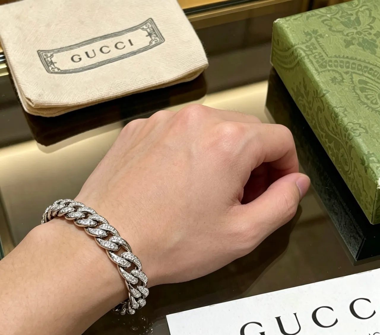Gucci Crystal Curb Link Silver Transparent Interlocking G Clasp Bracelet 7