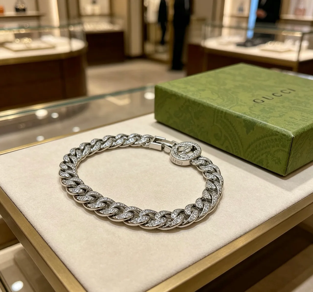 Gucci Crystal Curb Link Silver Transparent Interlocking G Clasp Bracelet 9