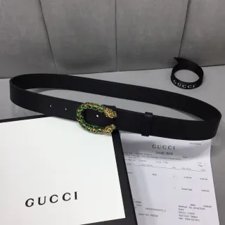 Gucci Dionysus Black Green Smooth Gold-Tone Tiger-Head Buckle Leather Belt