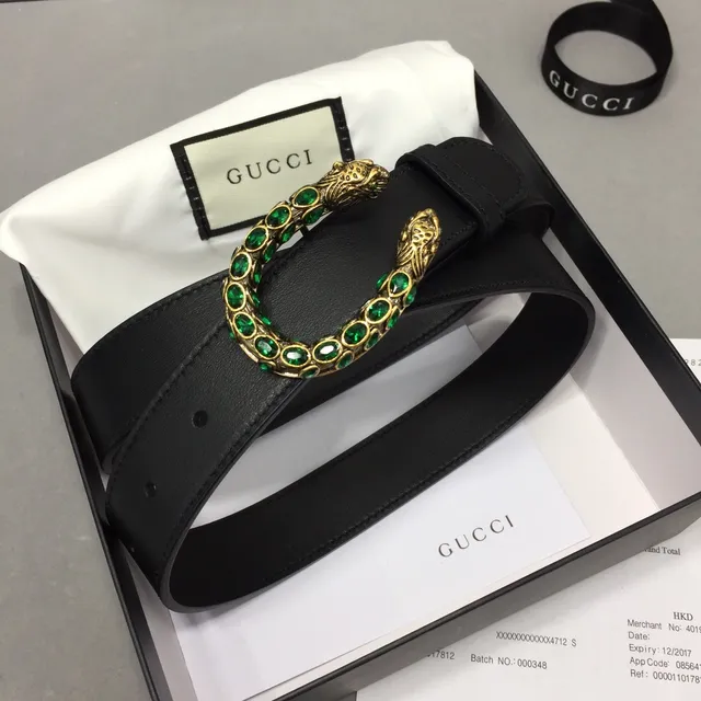 Ceinture Gucci Dionysus cuir noir vert lisse avec boucle tête de tigre dorée 2