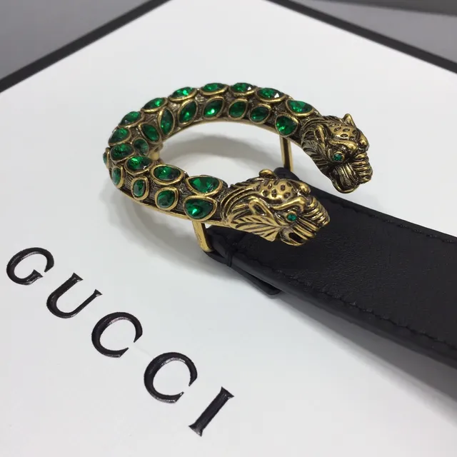 Ceinture Gucci Dionysus cuir noir vert lisse avec boucle tête de tigre dorée 3