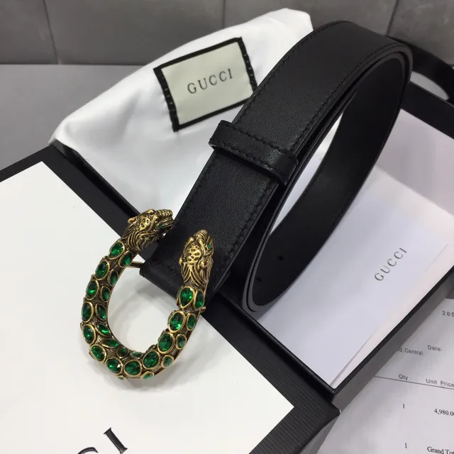 Ceinture Gucci Dionysus cuir noir vert lisse avec boucle tête de tigre dorée 4