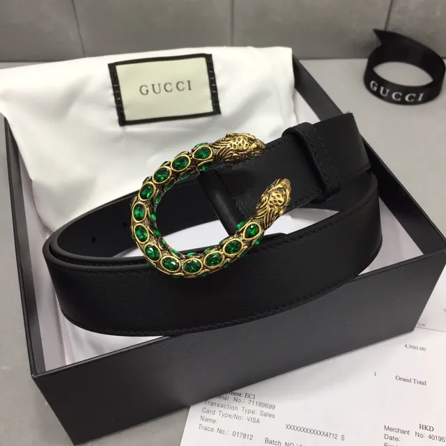 Ceinture Gucci Dionysus cuir noir vert lisse avec boucle tête de tigre dorée 5