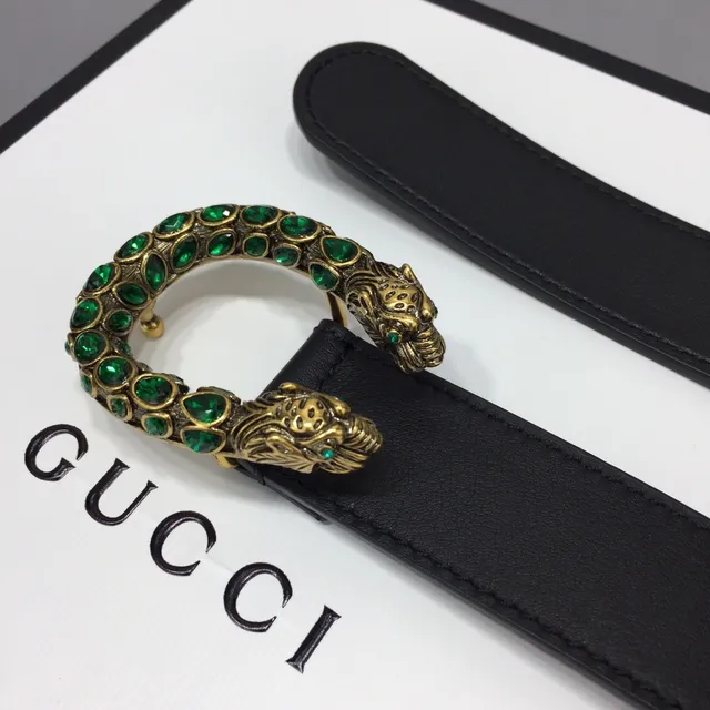 Ceinture Gucci Dionysus cuir noir vert lisse avec boucle tête de tigre dorée 7