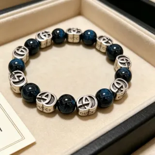 سوار غوتشي Double G سوار حبيبات Navy Silver Interlocking Logo Charms حبات عقيق داكنة مصقولة سوار