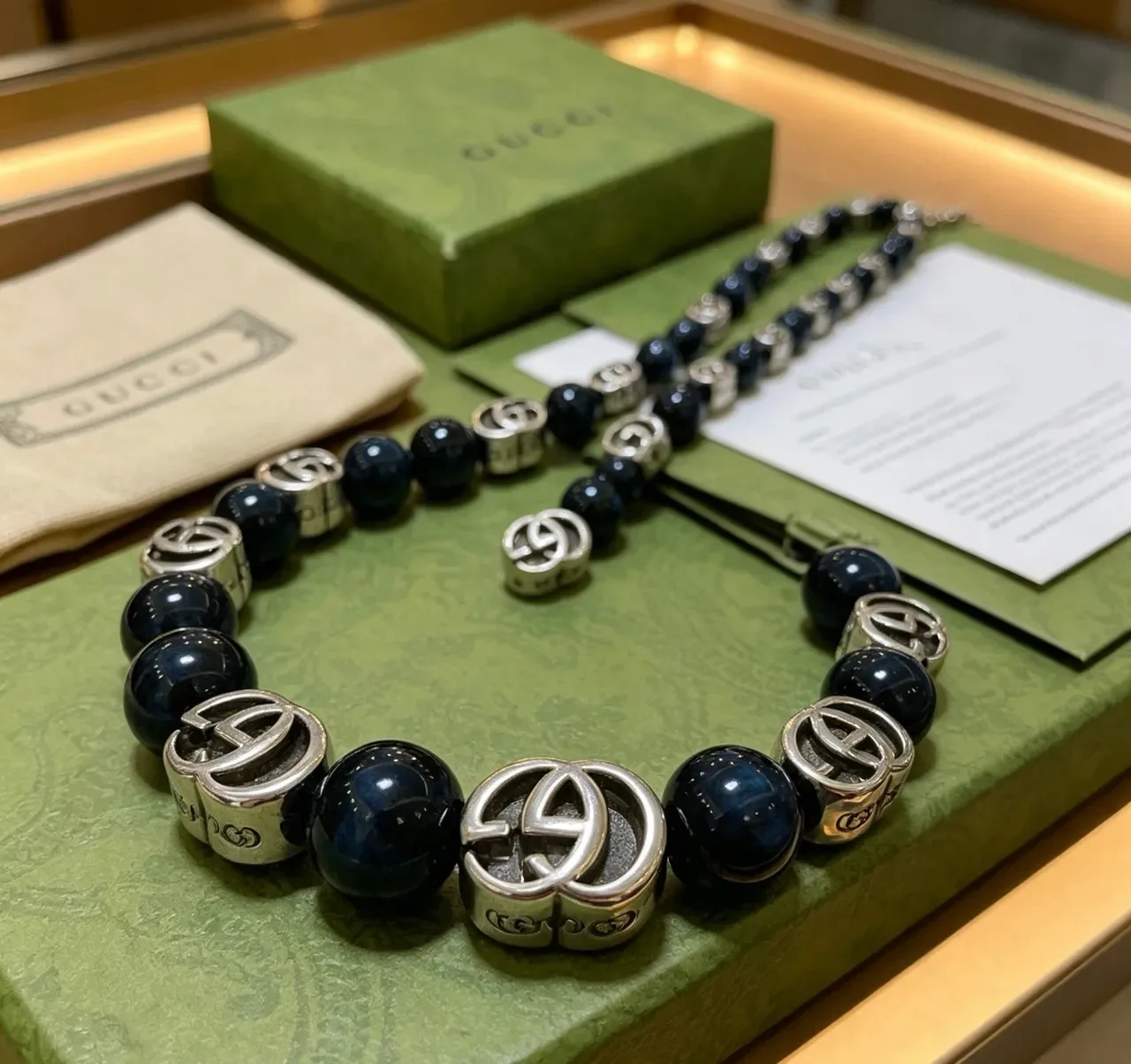 Gucci Double G Beaded Bracelet Navy Silver Interlocking Logo Charms Polished Dark Agate-Like Beads Bracelet 2