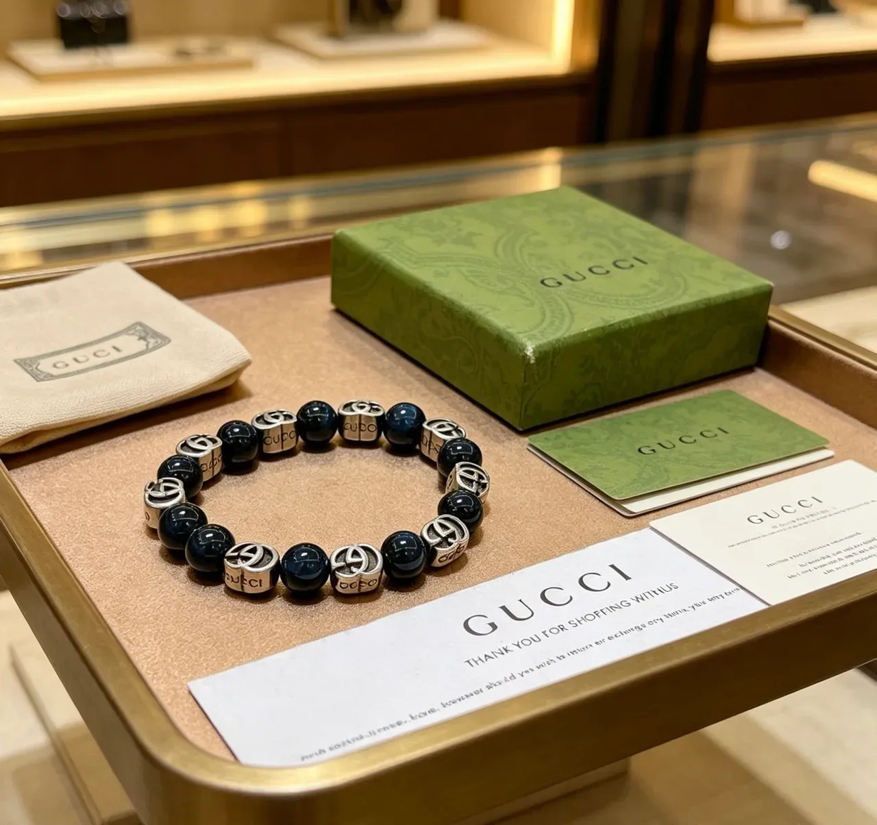 Gucci Double G Beaded Bracelet Navy Silver Interlocking Logo Charms Polished Dark Agate-Like Beads Bracelet 4
