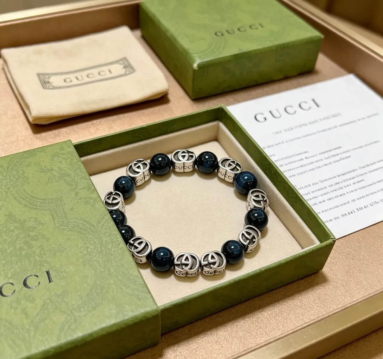 Gucci Double G Beaded Bracelet Navy Silver Interlocking Logo Charms Polished Dark Agate-Like Beads Bracelet 6