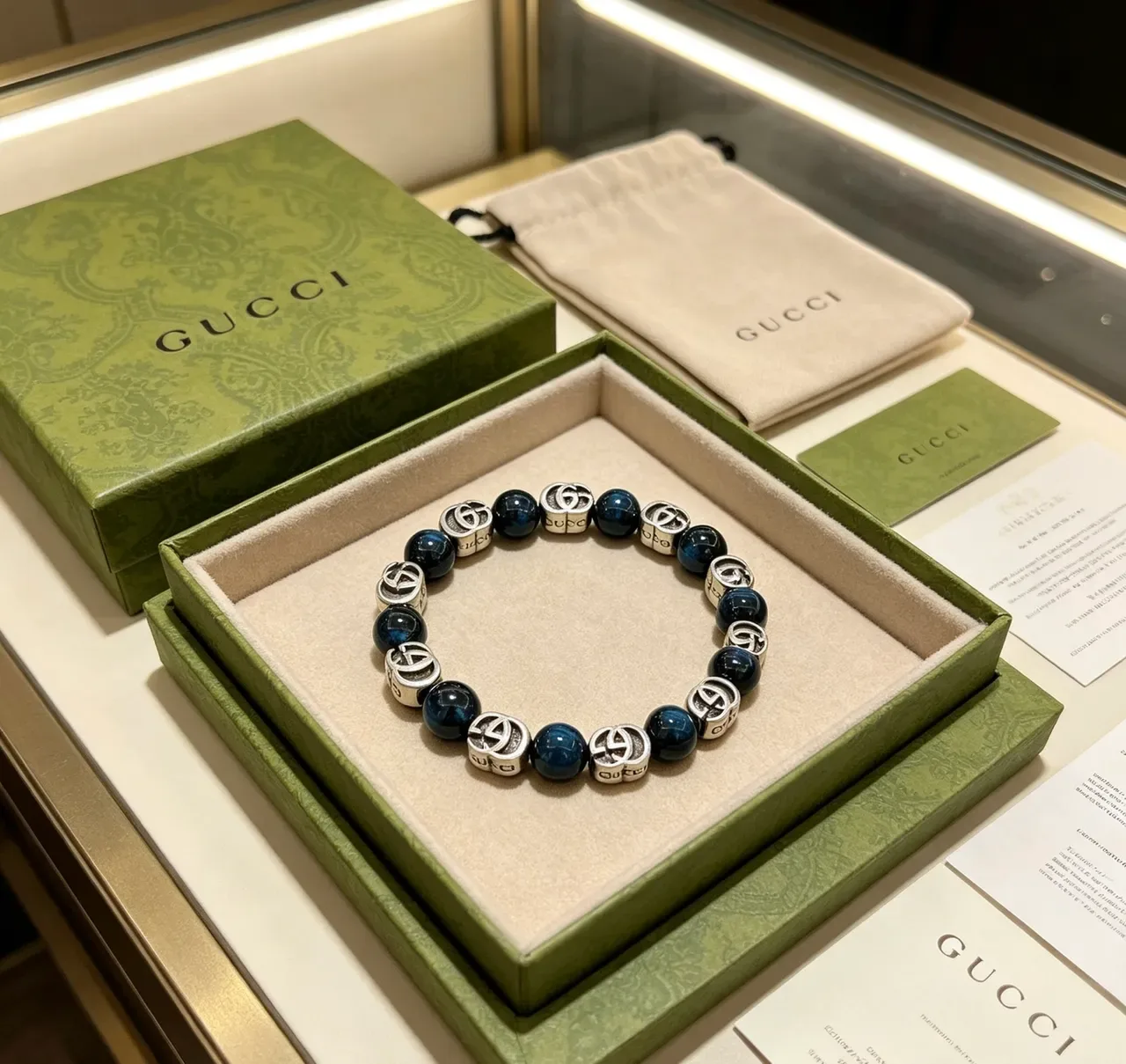 Gucci Double G Beaded Bracelet Navy Silver Interlocking Logo Charms Polished Dark Agate-Like Beads Bracelet 9