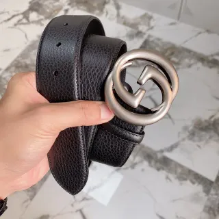 Gucci Double G Belt Black Pebbled Leather Silver-Tone Buckle Leather Belt