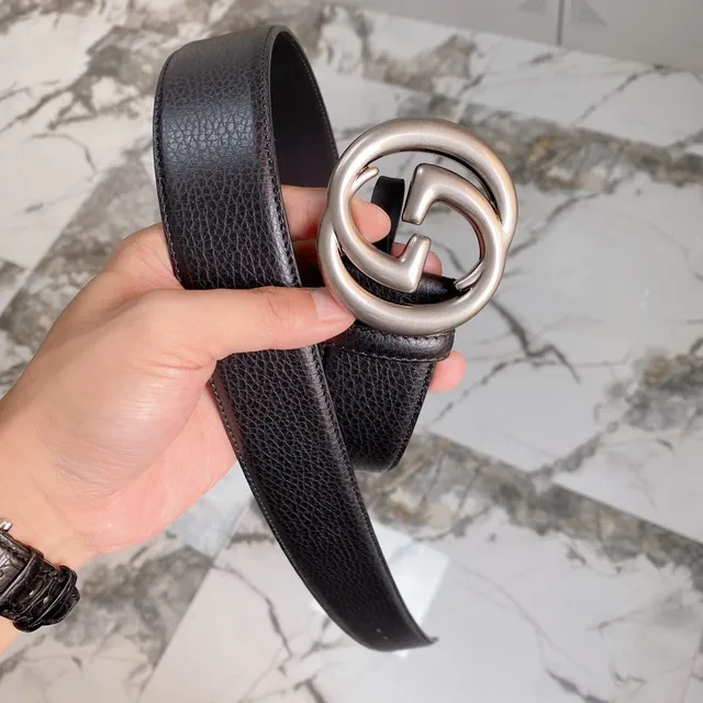 Gucci Double G Belt Preto Couro com textura Pebbled Fivela de tom prateado Cinto de Couro 4