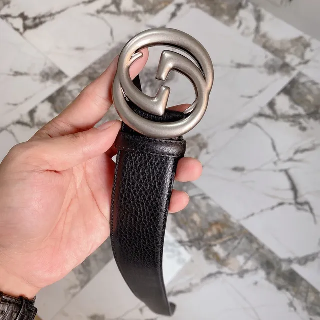 Gucci Double G Belt Preto Couro com textura Pebbled Fivela de tom prateado Cinto de Couro 9