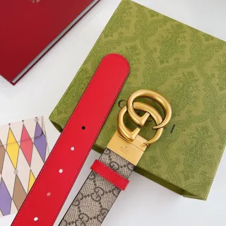 Gucci Double G Belt Red Leather and GG Monogram Webbing Leather Belt