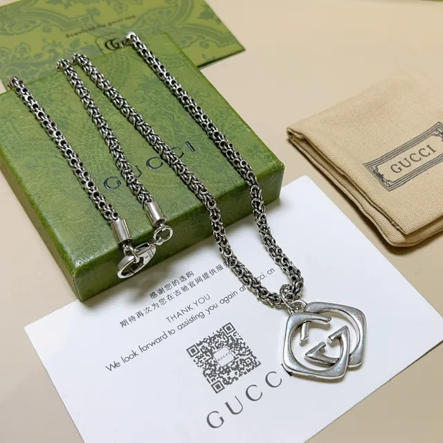 Gucci Double G Interlocking Pendant Silver Chain Necklace 4