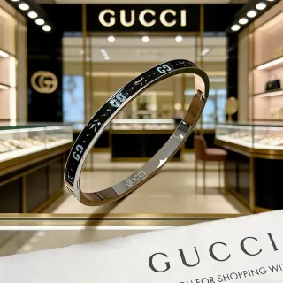Gucci Enamel GG Motif Black and Teal Hinged Bangle Bracelet