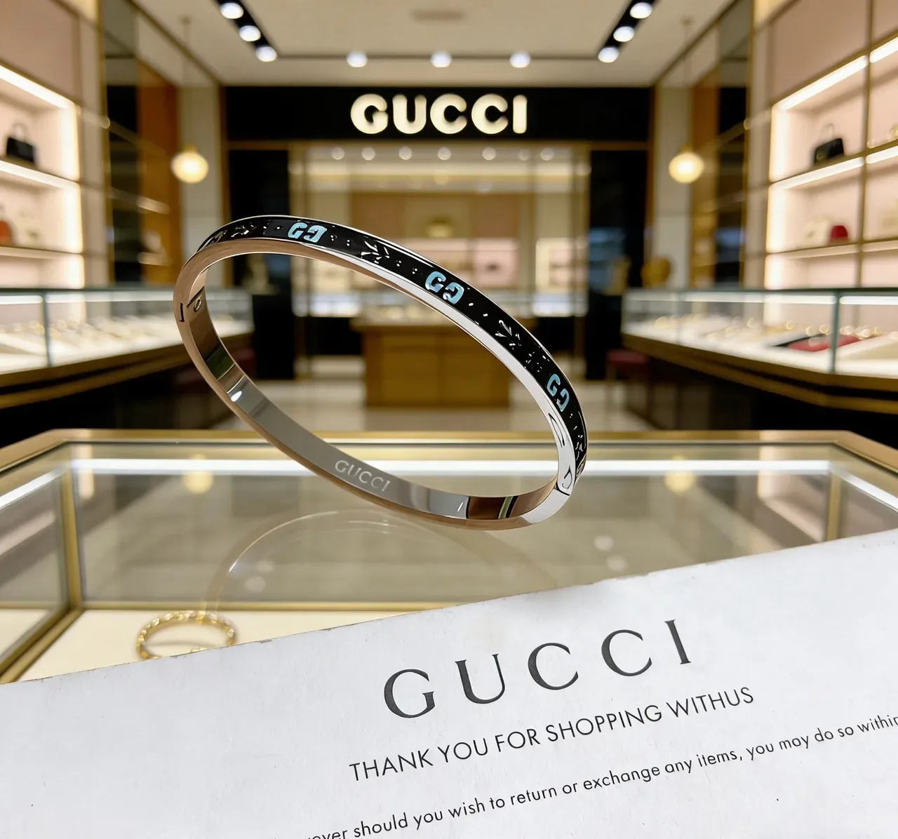 Gucci Enamel GG Motif Black and Teal Hinged Bangle Bracelet 4