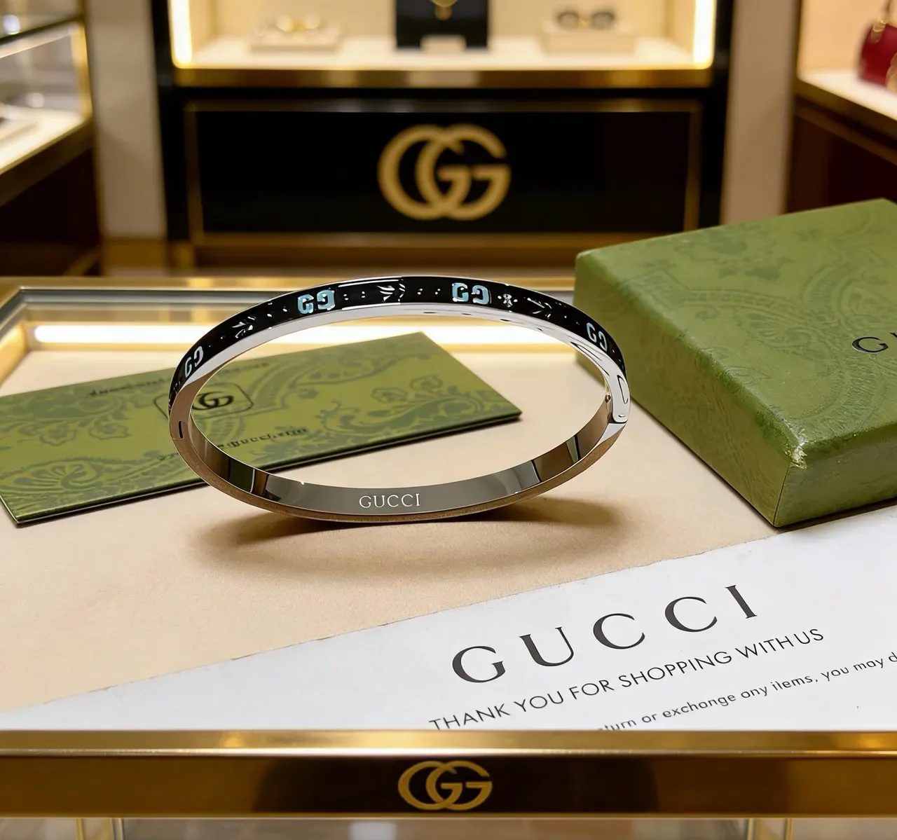 Gucci Enamel GG Motif Black and Teal Hinged Bangle Bracelet 6