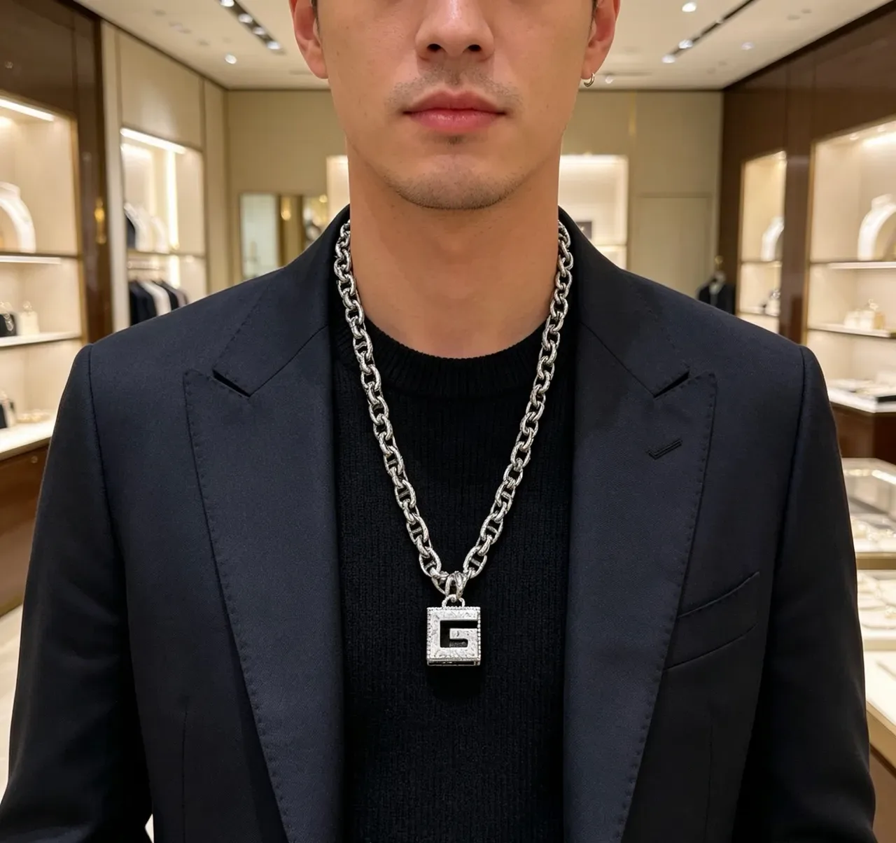 Gucci G-Link Silver Beige Chunky Chain Ornate Square Pendant Necklace 4