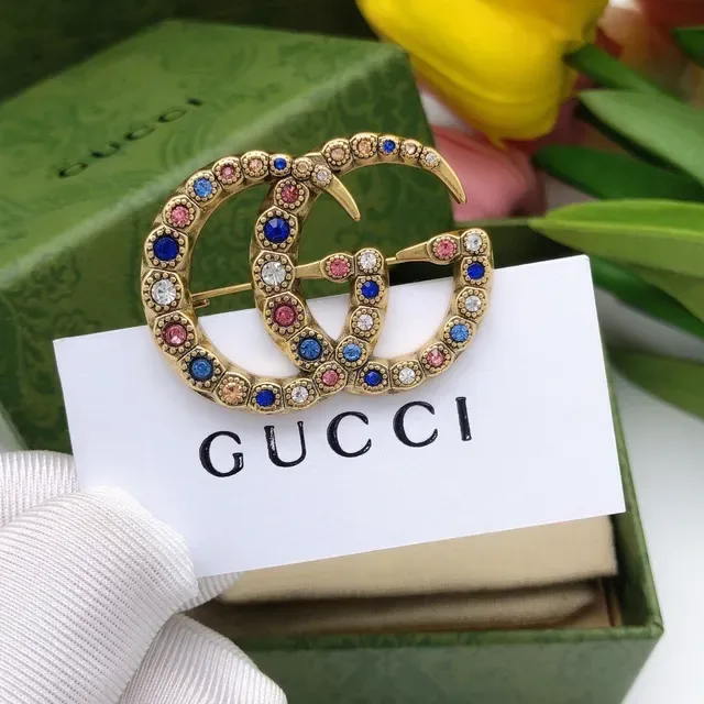 Gucci GG Brooch Gold Multicolor Interlocking Double-G Pavé Crystal-Encrusted Brooch 1
