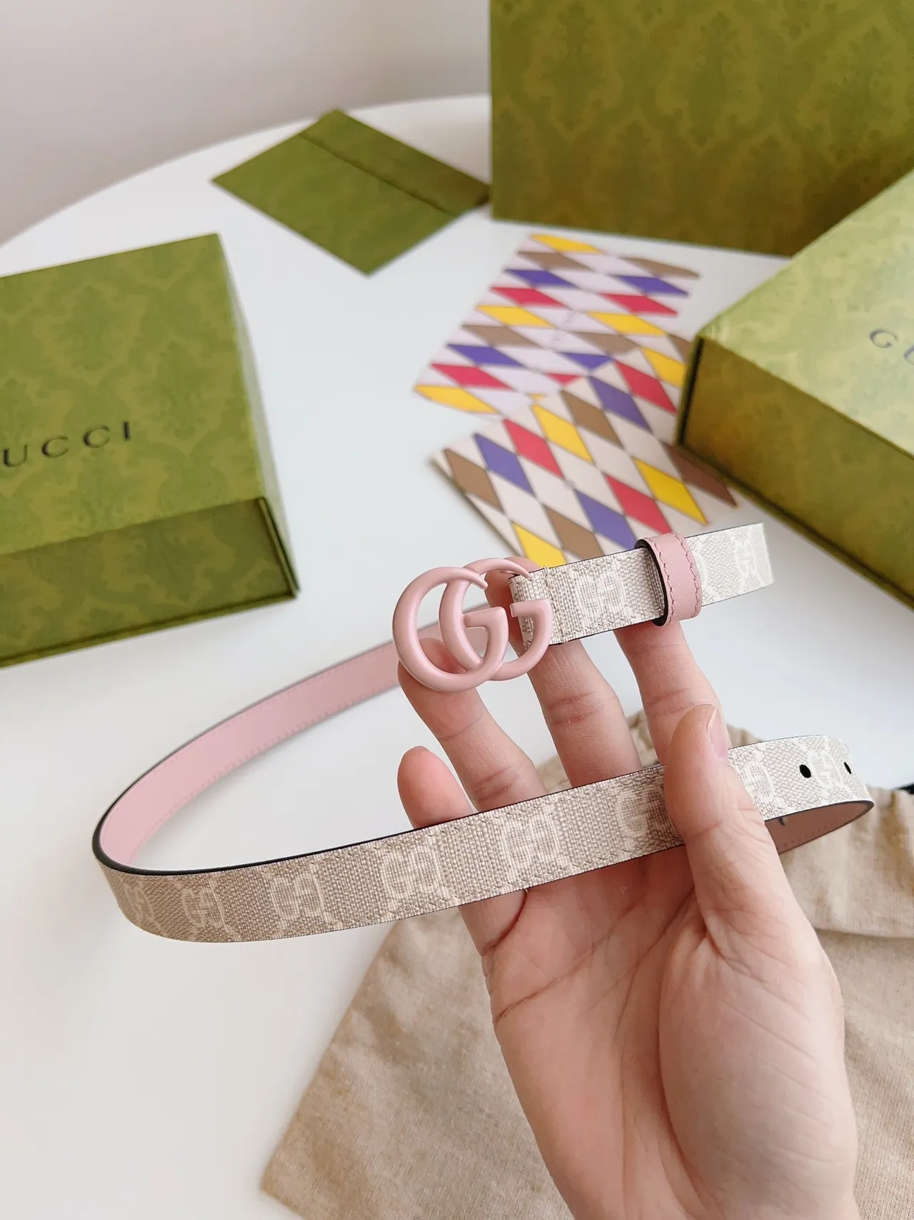 Gucci GG Marmont Beige and Pink Resin Interlocking G Leather Belt 5