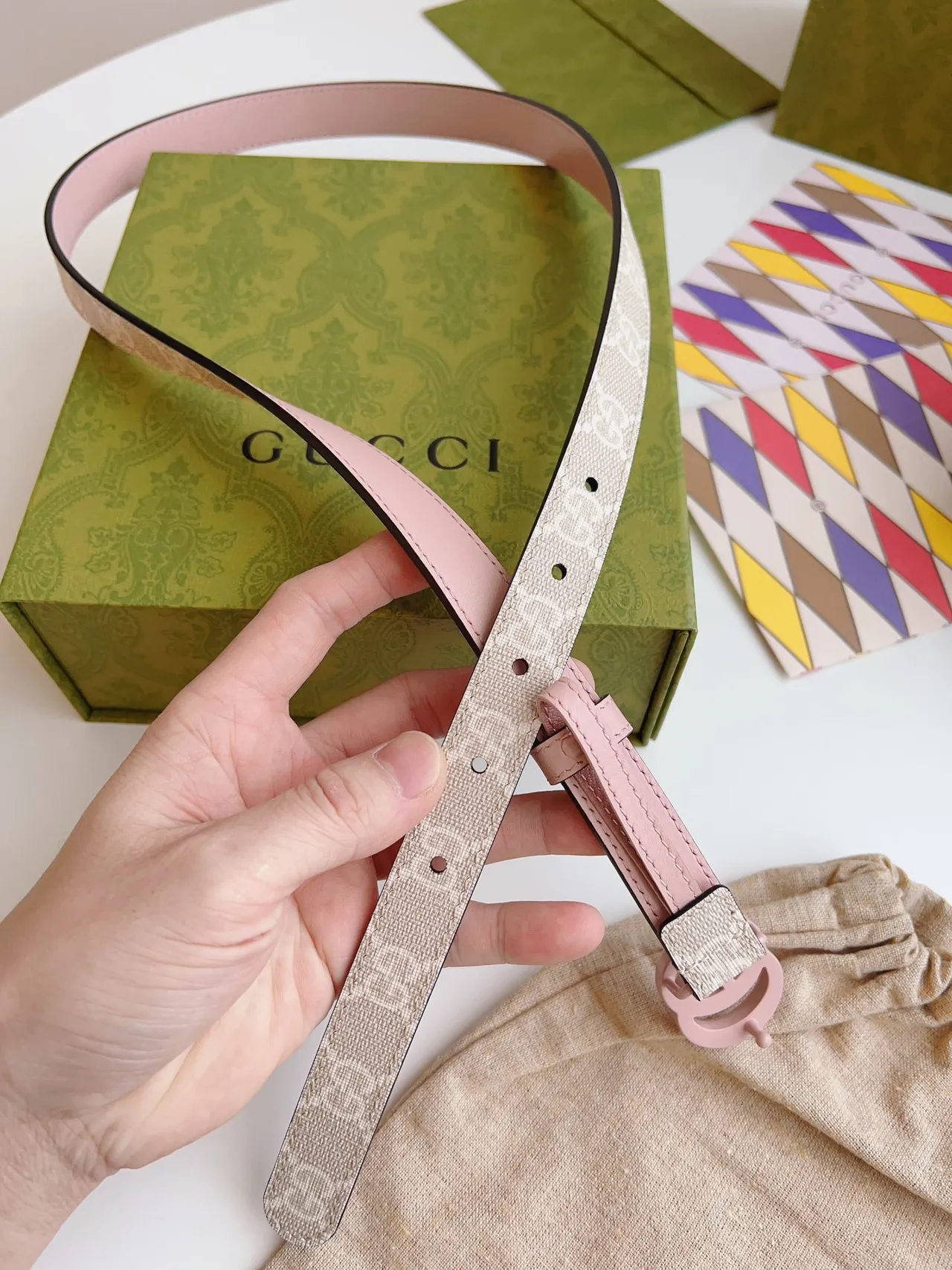 Gucci GG Marmont Beige and Pink Resin Interlocking G Leather Belt 6