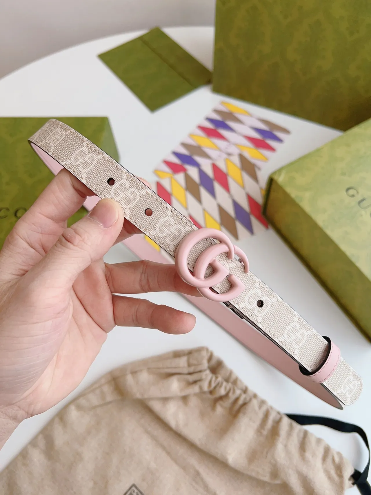 Gucci GG Marmont Beige and Pink Resin Interlocking G Leather Belt 8