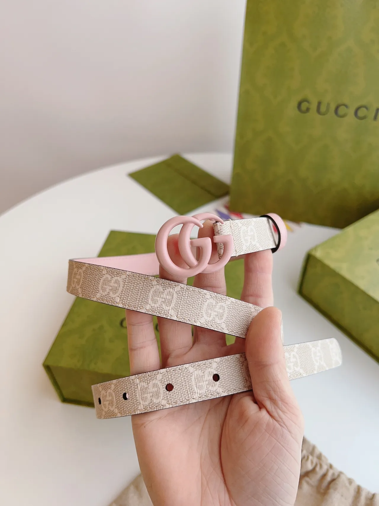 Gucci GG Marmont Beige and Pink Resin Interlocking G Leather Belt 9
