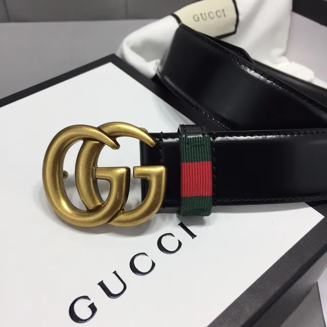 Ceinture Gucci GG Marmont Noir Or Interlocking Double G Boucle Green-Red-Green Web Stripe en Cuir 3