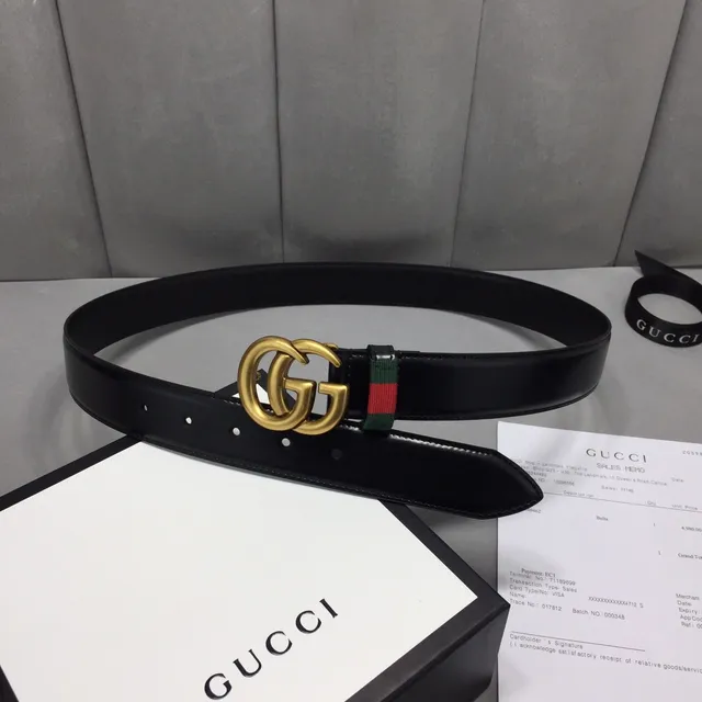 Ceinture Gucci GG Marmont Noir Or Interlocking Double G Boucle Green-Red-Green Web Stripe en Cuir 4