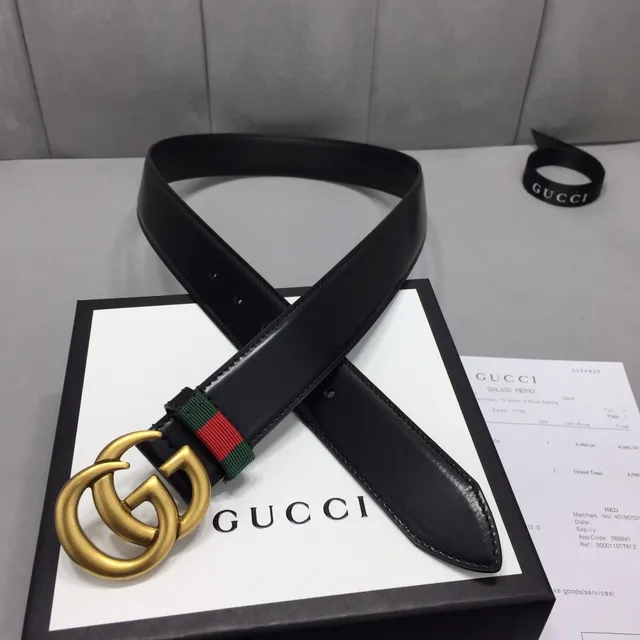 Ceinture Gucci GG Marmont Noir Or Interlocking Double G Boucle Green-Red-Green Web Stripe en Cuir 6