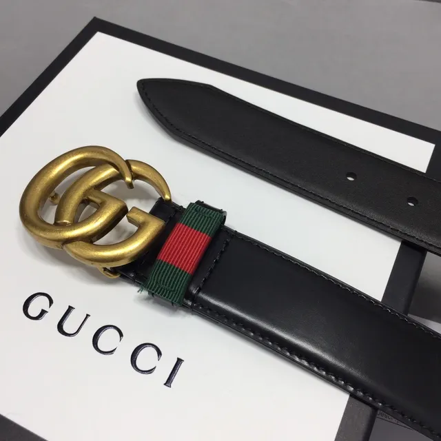 Ceinture Gucci GG Marmont Noir Or Interlocking Double G Boucle Green-Red-Green Web Stripe en Cuir 8