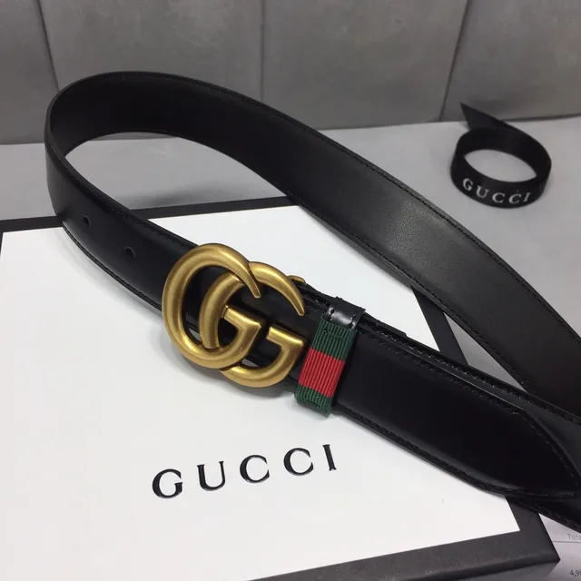 Ceinture Gucci GG Marmont Noir Or Interlocking Double G Boucle Green-Red-Green Web Stripe en Cuir 9