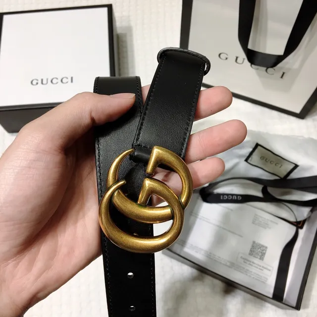 Gucci GG Marmont Ceinture Noir Doré Interlocking Double G Buckle Cuir Lisse 4